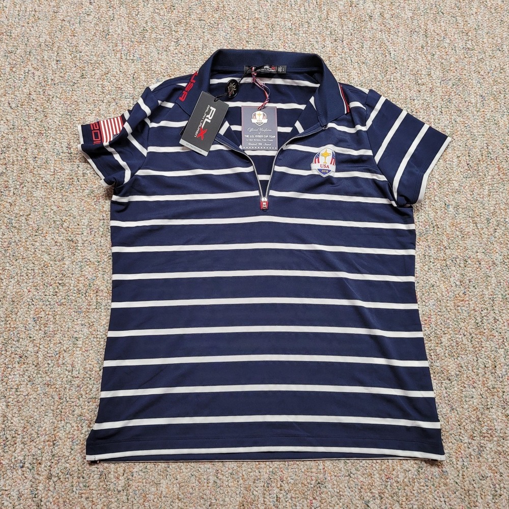 Ralph Lauren RLX Polo Shirt Womens Large Blue Striped Team‎ Issue US Ryder Cup